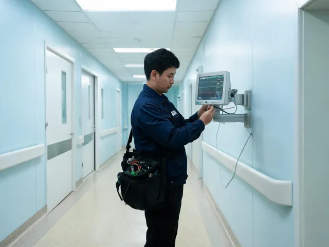 Field service engineer servicing hospital monitor