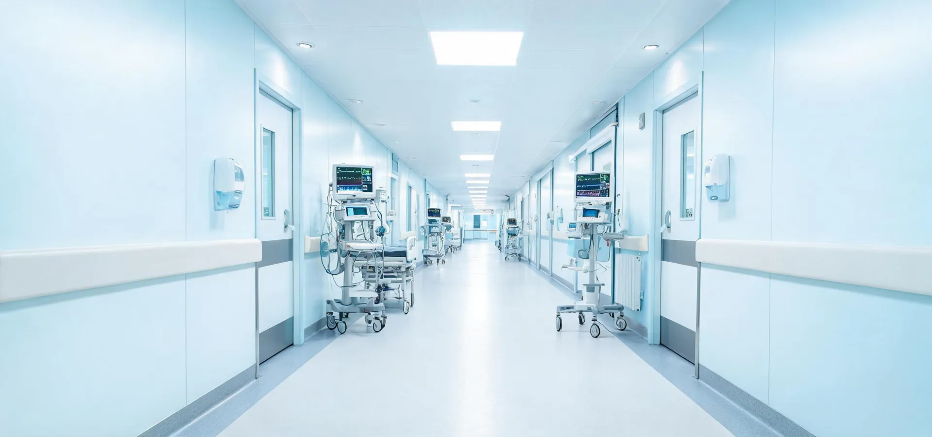 Modern hospital corridor near critical care units